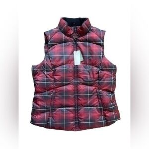 Eddie Bauer Vest Jacket Women's Burgundy Plaid Premium Goose Down Puffer size L